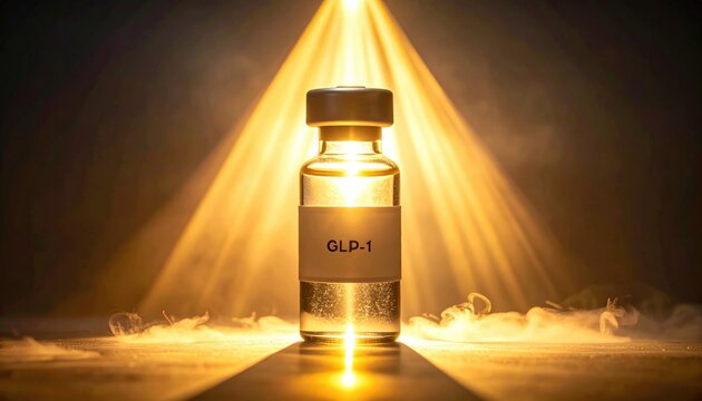 Golden vial labeled GLP-1 under divine spotlight symbolizes medical breakthrough, health innovation, scientific discovery and modern pharmaceutical revolution