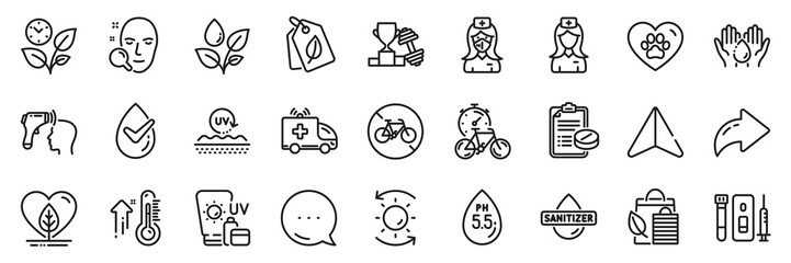 Wash hands, Nurse and Ph neutral line icons pack. Share, Message, Paper plane icons. Bike timer, Electronic thermometer, Dermatologically tested web icon. Vector