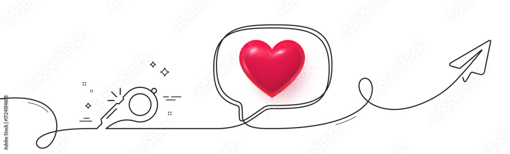Poster whistle line icon. continuous line with share plane. kick-off sign. referee tool symbol. 3d heart in