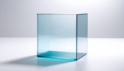 Transparent blue glass cube on clean surface with modern lighting, symbolizing clarity, innovation, futuristic architecture and digital age aesthetics