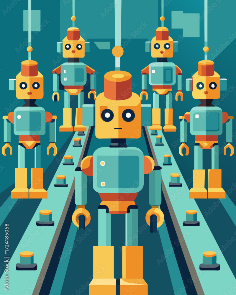 Poster an array of gleaming robots gracefully maneuver around the factory floor carefully arranging the pan