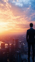 Obraz premium Silhouette of an Executive Contemplating a Bright Future at Sunset, Filled with Dreams and Hope