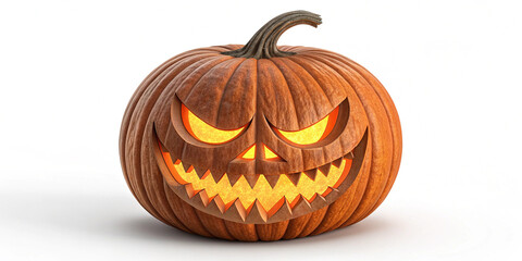 High-resolution image of a carved jack-o'-lantern with a menacing glowing face, isolated on white.