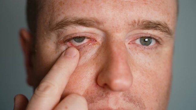Man showing red irritated eye with conjunctivitis