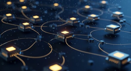 A network of connected devices showing a serverless computing architecture diagram visualized in futuristic 3d, stock photography style