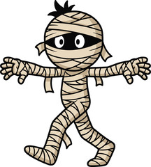 Mummy cartoon character, beige bandages, spooky Halloween icon, walking pose, cute undead design, vector illustration, ancient horror, stock art