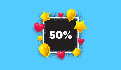 Discount photo frame banner. Square picture frame. 50 percent off sale tag. Discount offer price sign. Special offer symbol. 3d balloons as hearts and stars. Vector