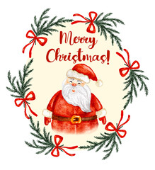 Merry christmas greeting card, santa claus festive holiday illustration, christmas clipart.