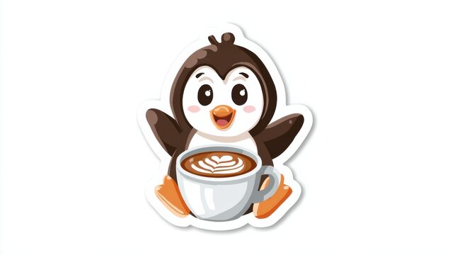 Cute Cartoon Penguin Holding a Coffee Cup With Latte Art in a Cheerful Pose Enjoying a Cozy Moment in a Cozy Setting