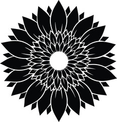 Black Silhouette of a Radial Floral Mandala or Sunburst Design white background