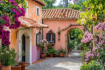 Fototapeta premium Cozy Mediterranean guest house with terracotta roof and pastel colored walls, surrounded by small courtyard and blooming trees, symbolizing relaxation, travel, vacation atmosphere