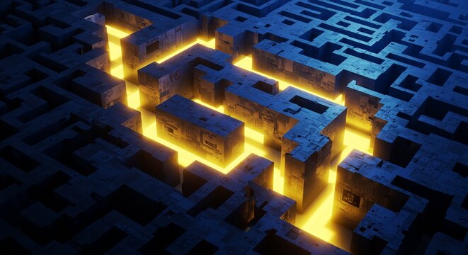 A maze with glowing yellow squares showing abstract maze with a clear illuminated path, problem solving and clarity - Powered by Adobe