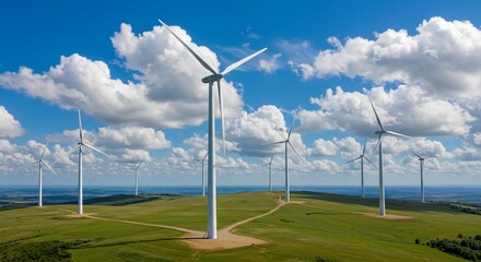 A green grassy field showing aerial shot of wind turbines turning on green grassy hill, partly cloudy blue sky, clean energy concept