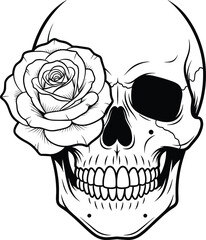 Skull with rose eye, black and white illustration, life and death symbol, detailed vector art, anatomical design, stock graphic