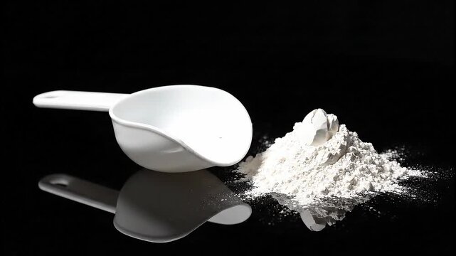 White protein powder scoop and pile on black reflective surface.