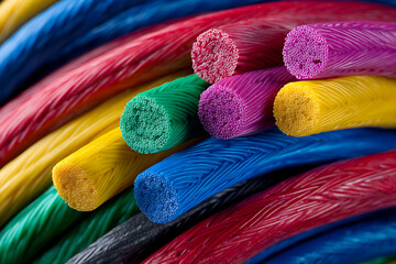 Bundle of colorful electrical cables isolated on white studio background