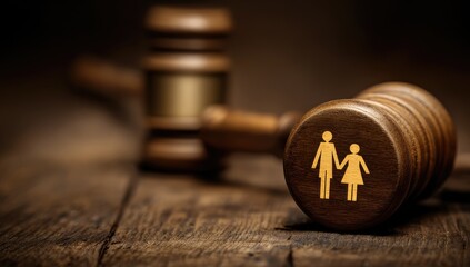 A wooden gavel, subtly etched with a couple and child, rests on a rustic wooden surface, highlighting a legal or familial theme.