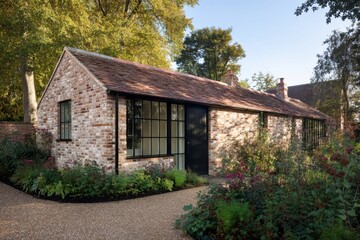 Obraz premium A delightful brick cottage nestled amid vibrant greenery and a stunning array of blooming flowers, all set within a tranquil garden oasis under daytime sunlight
