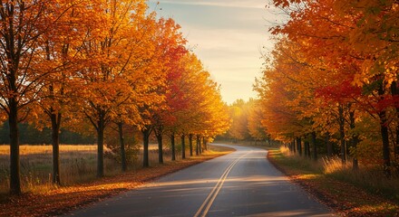 A road with a line of trees showing crisp autumn landscape with bright orange and red maple trees along a quiet road