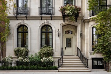 The stunning exterior of a charming stone townhouse showcases an elegant entrance, adorned with vibrant blooming plants, all basking in the warm sunlight within a lively urban environment