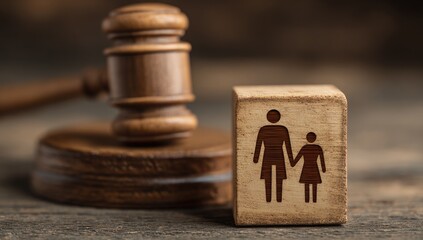 Wooden block with family silhouette juxtaposed against a judge's gavel, conveying a concept of legal matters concerning families.