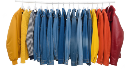 A colorful collection of jackets and coats hanging on a rack, isolated on a transparent background