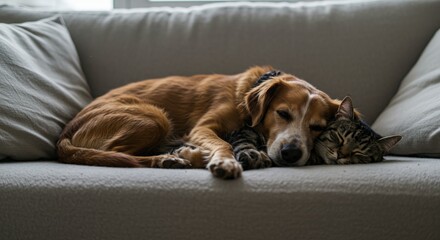 A cat and dog are laying on a couch showing dog and cat sleeping cuddled on soft cozy couch, warm indoor light, peaceful moment