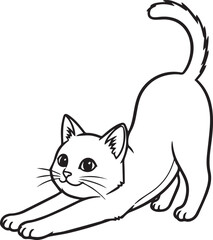  Create Cute stretching cat character doodle. Happy playful kitten in a morning stretch pose. Simple hand-drawn black and white vector illustration. Adorable funny pet animal mascot logo on white back