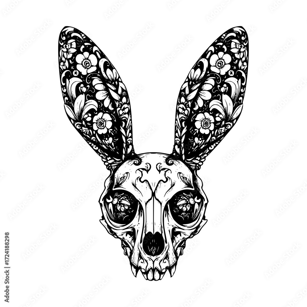 Poster stylized creative image of a rabbit skull with floral patterns, isolated vector image on a transpare