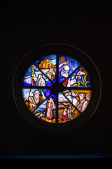 round stained glass window depicting colorful biblical scenes with intricate religious artwork and vibrant details, Saint Petersburg, Russia, 24th of July, 2025