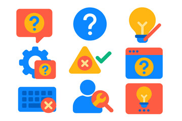 Software Help Icons. Flat vector icons of software help icons: tooltips icon, help menu icon, quick fix lightbulb, settings guide