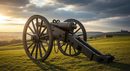 Revolutionary War cannon on grassy hill at sunset  