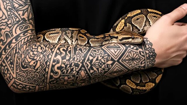 Person with full arm tribal tattoos holding a python snake. Exotic pet owner showing animal on arm. Dangerous reptile friendship footage.