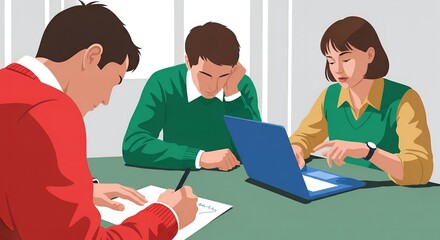 Three people collaborating around a table with a laptop and papers