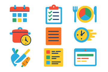 Colorful Recipe Icons. Flat vector icons of recipe planning: meal calendar, grocery list, portion chart, cooking schedule,