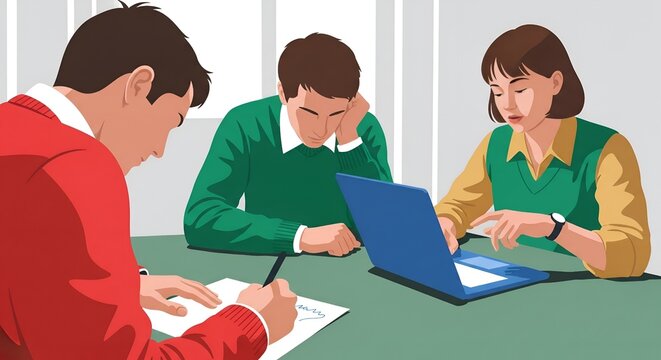 Three people collaborating around a table with a laptop and papers