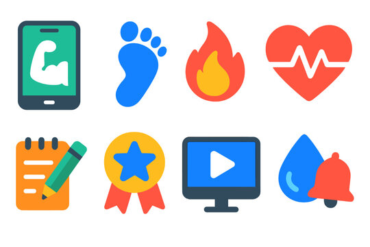 Colorful Fitness Icons. Flat vector icons of fitness apps: workout tracker, step counter, calorie burn, heart rate, exercise log,
