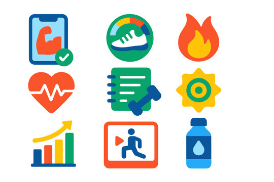 Colorful Fitness Icons. Flat vector icons of fitness apps: workout tracker, step counter, calorie burn, heart rate, exercise log,