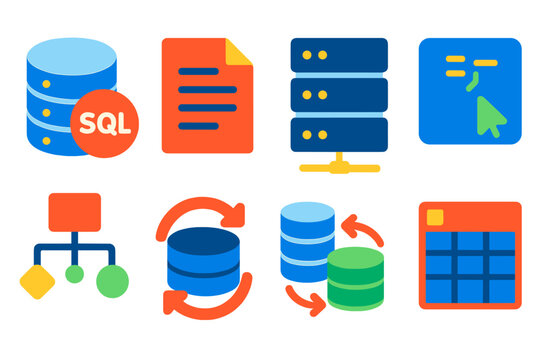 Bold Database Icons. Flat vector icons of database software: SQL database, NoSQL document, database server, query builder, ER