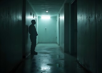 Fototapeta premium Silhouette in dimly lit corridor.