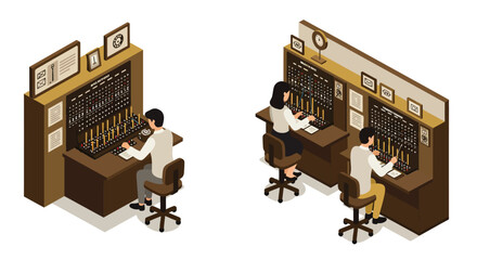 Isometric office workers at vintage telephone switchboard desks