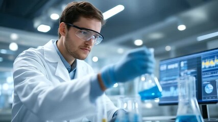 A chemistry intern mixes solutions in a lab with beakers bubbling goggles fogging lab coats stained and data charts updating on a screen shown in a scientific photo with liquid - Powered by Adobe