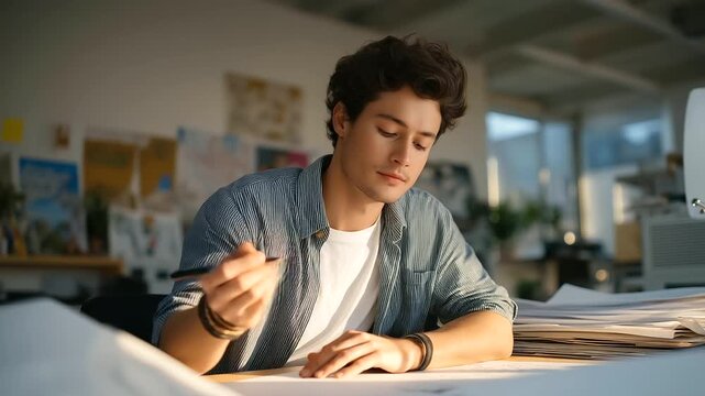 Young adult designing posters in freelance studio printers humming paper stacks sketches pinned. Creative photo with ink prints paper edges graphic energy. three quarter wide