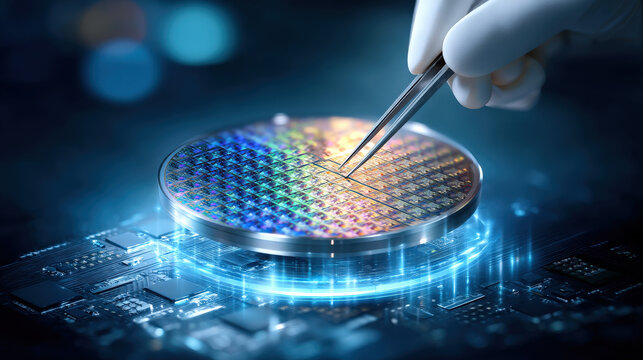 Ultra realistic macro photo of silicon wafer being handled with precision tools, showcasing intricate patterns and vibrant colors, reflecting advanced technology and innovation