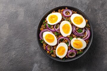 Healthy Quinoa Bowl with Eggs, Red Onion, and Greens on Dark Background