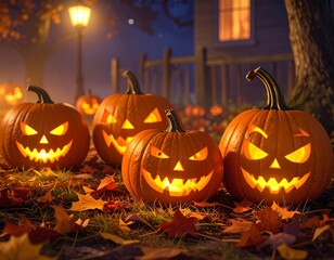 Halloween pumpkins in a yard at night