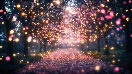 Enchanted Forest Path Illuminated by Glowing Pink Blossoms and Golden Orbs