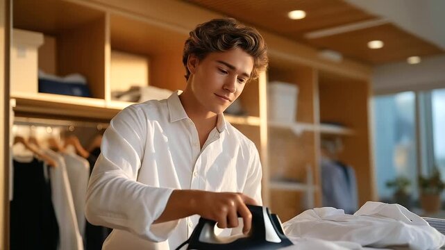 A student irons a crisp shirt in a dorm room with steam rising hangers swinging and a roommate&rsquo;s music playing softly depicted in a neat photo with fabric creases steam clouds
