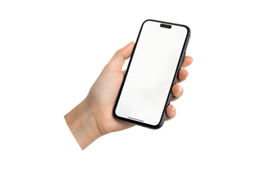 A human hand holds a modern smartphone with a blank white screen, perfect for digital content and remote interactions