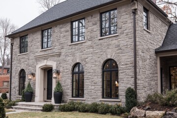 Obraz premium In a tranquil neighborhood, an elegant stone house showcases its beauty through gracefully arched windows, perfectly framed by an overcast sky